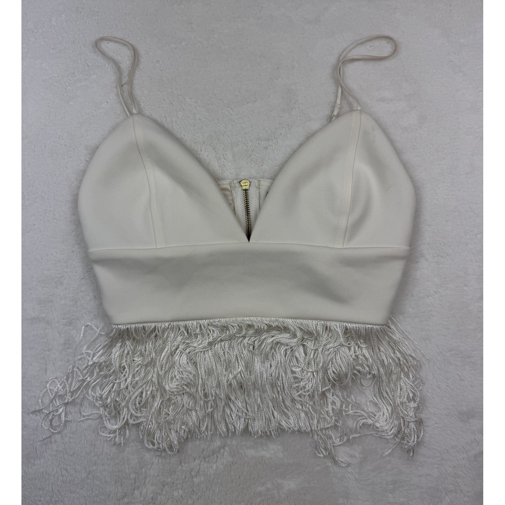 Express White Fringe Bralette Crop Top V-Neck Adjustable Straps Small
